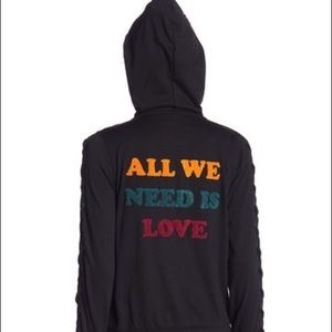 Peace Love World  Lace-Up Sleeve Zip Up Hoodie